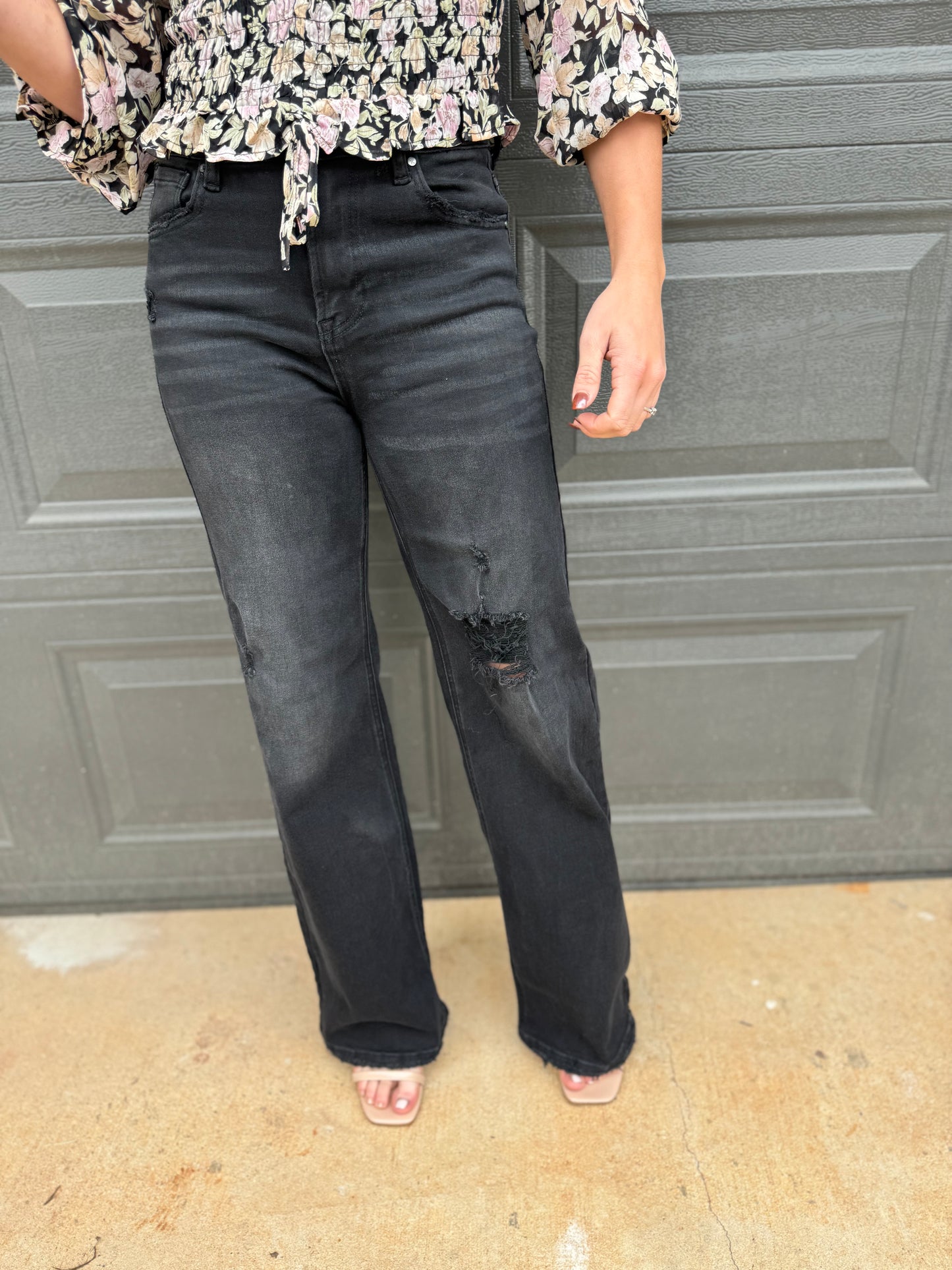 High Rise Distressed Wide Leg Jean Black