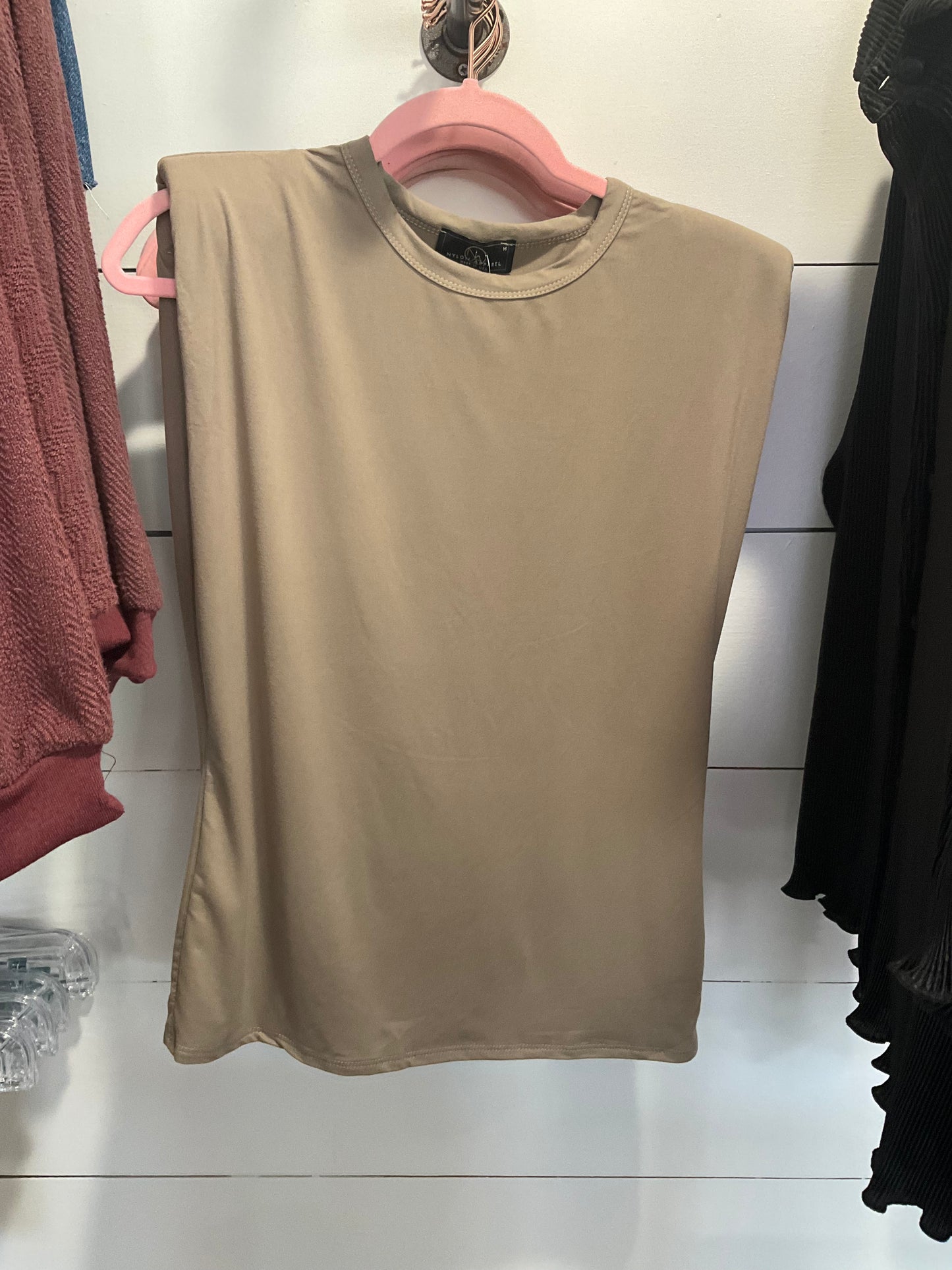 Solid Shoulder Pad Top Tan